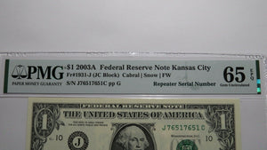 $1 2003 Repeater Serial Number Federal Reserve Currency Bank Note Bill UNC65EPQ