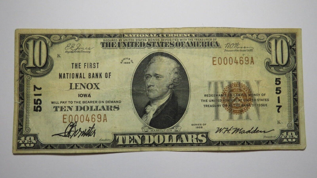 $10 1929 Lenox Iowa IA National Currency Bank Note Bill Charter #5517 Very Fine