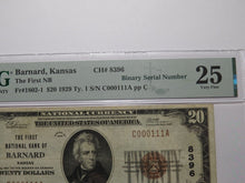Load image into Gallery viewer, $20 1929 Barnard Kansas National Currency Bank Note Bill #8396 Binary Serial #