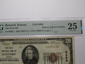 $20 1929 Barnard Kansas National Currency Bank Note Bill #8396 Binary Serial #