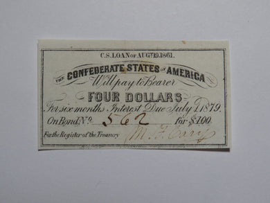 $4 1861 Confederate Bond Coupon Certificate Currency Bank Note Bill UNC