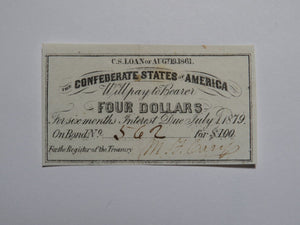 $4 1861 Confederate Bond Coupon Certificate Currency Bank Note Bill UNC