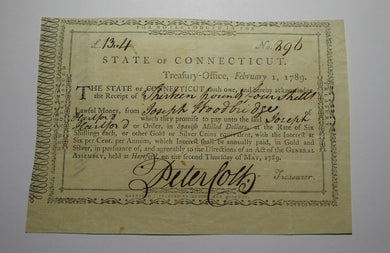 1789 Connecticut Treasury Certifificate Colonial Currency Note Peter Colt Signed