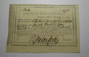 1789 Connecticut Treasury Certifificate Colonial Currency Note Peter Colt Signed