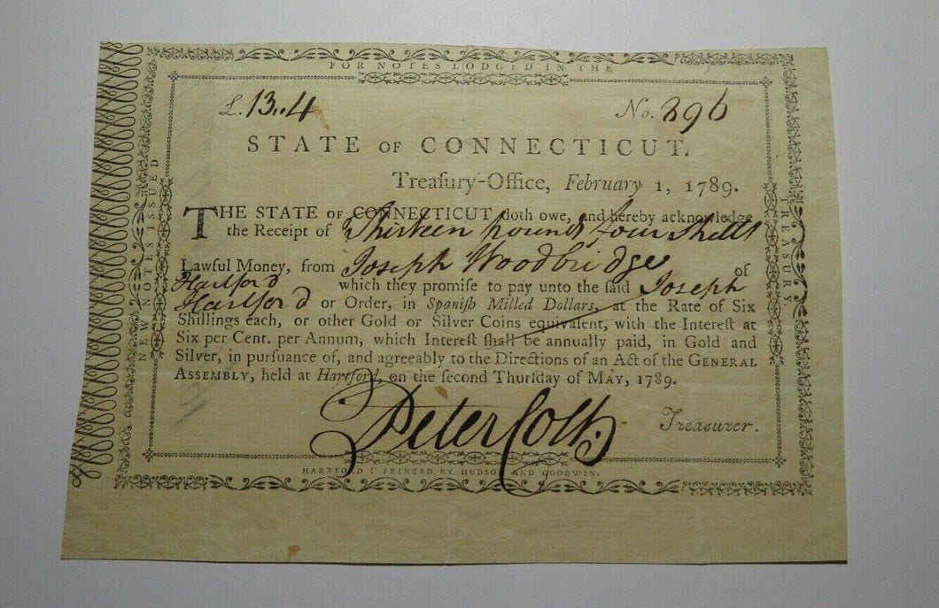 1789 Connecticut Treasury Certifificate Colonial Currency Note Peter Colt Signed