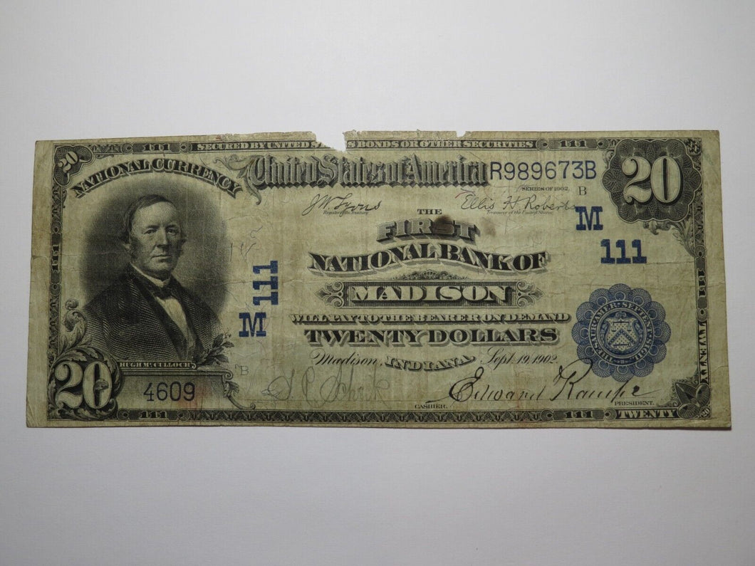 $20 1902 Madison Indiana IN National Currency Bank Note Bill Ch. #111 FINE