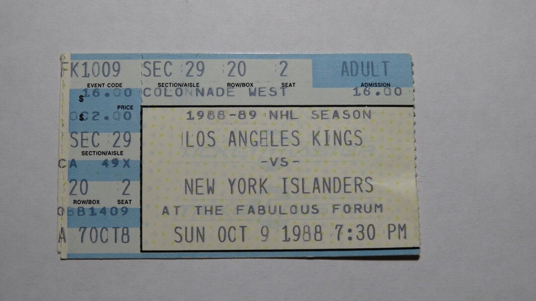 October 9, 1988 Los Angeles Kings Vs Islanders Hockey Ticket Stub! Gretzky Goal!