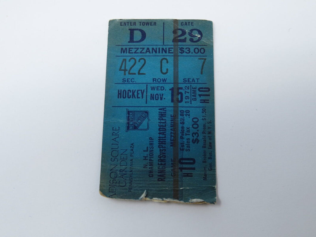 November 15, 1972 New York Rangers V Flyers Hockey Ticket Stub Vickers Hat Trick