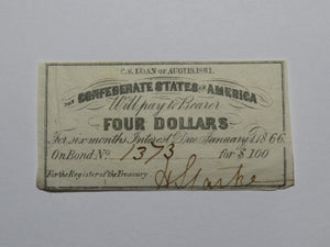 $4 1861 Confederate Bond Coupon Certificate Currency Bank Note Bill UNC