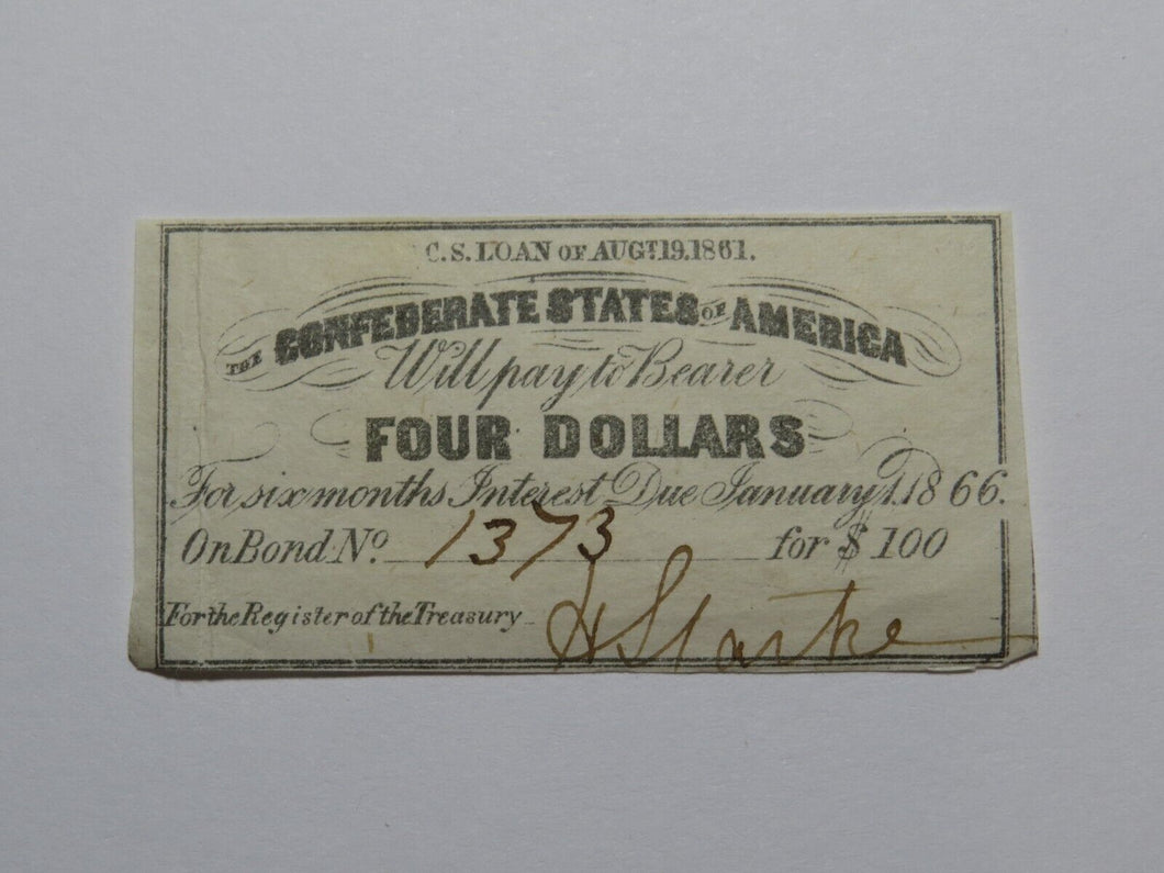 $4 1861 Confederate Bond Coupon Certificate Currency Bank Note Bill UNC