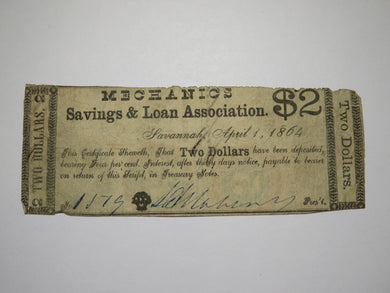 $2 1864 Savannah Georgia GA Obsolete Currency Bank Note Bill Mechanics Savings