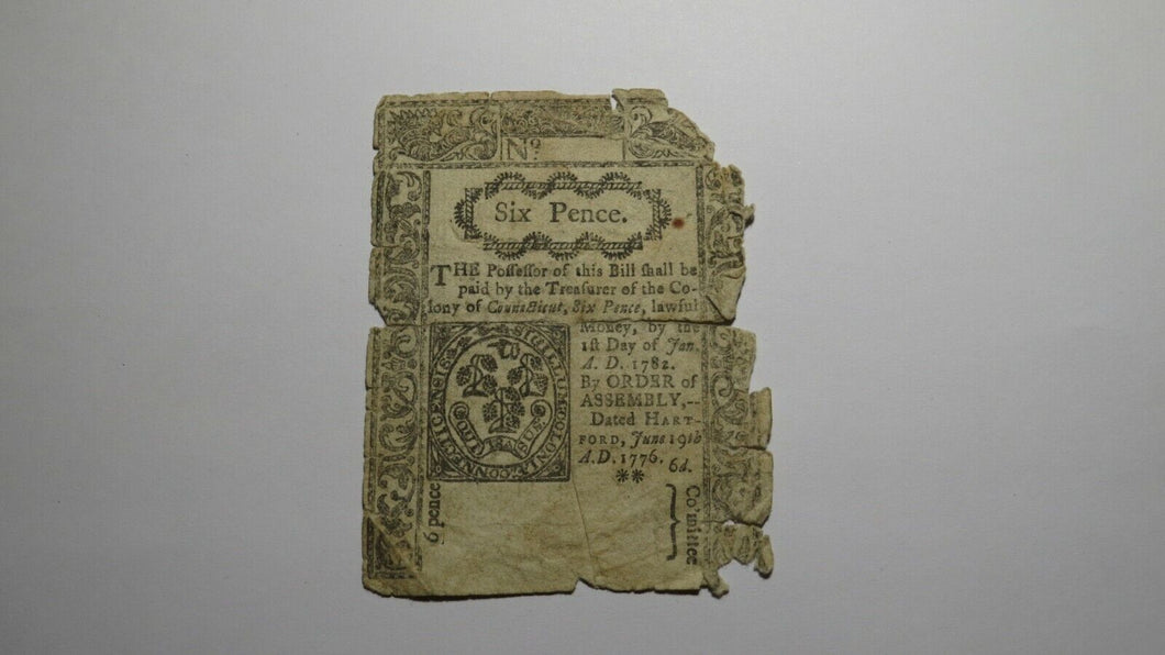 1776 Six Pence Hartford Connecticut CT Colonial Currency Note Bill! RARE ISSUE
