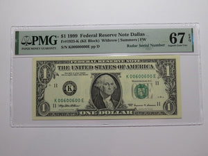 $1 1999 Fancy Radar Serial Number Federal Reserve Currency Note Bill #00600600
