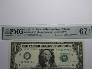$1 2017 Repeater Serial Number Federal Reserve Currency Bank Note Bill PMG UNC67
