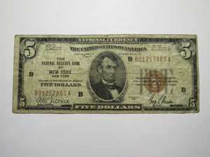 $5 1929 New York City NY National Currency Note Federal Reserve Bank Note Bill