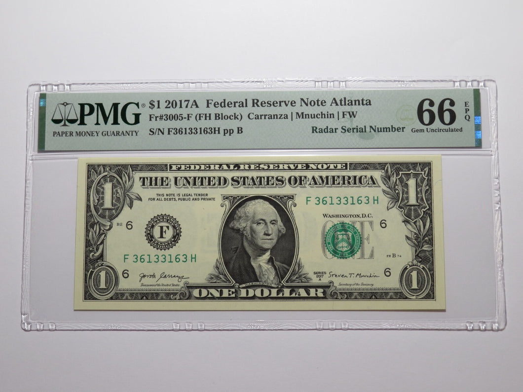 $1 2017 Radar Serial Number Federal Reserve Currency Bank Note Bill PMG UNC66EPQ