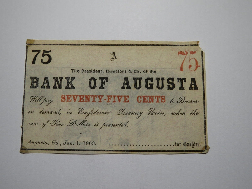 $.75 1863 Augusta Georgia GA Obsolete Currency Bank Note Bill! Augusta Insurance