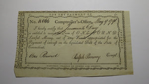 1791 One Pound Connecticut Comptroller's Office Colonial Currency Note Pomeroy!