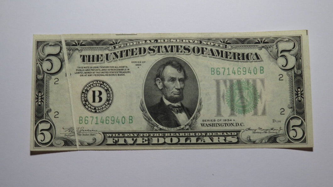 $5 1934-A Gutter Fold Error Federal Reserve Bank Note Currency Bill Very Fine++