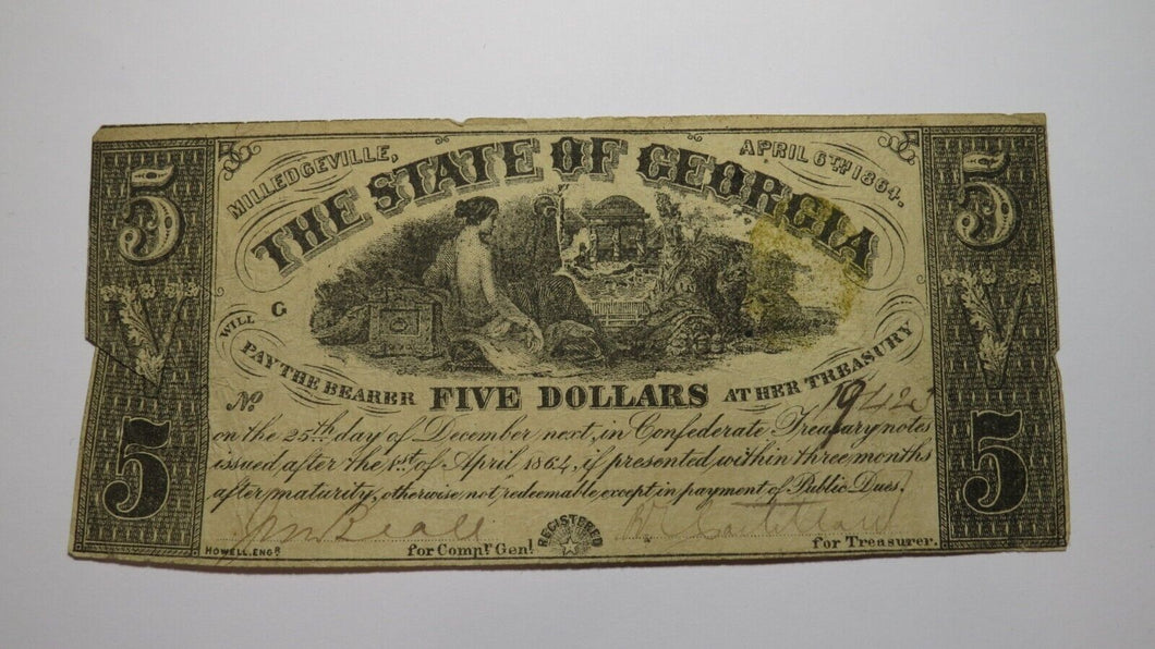$5 1864 Milledgeville Georgia GA Obsolete Currency Bank Note Bill! State of GA