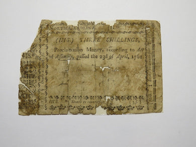 1761 Three Shillings North Carolina NC Colonial Currency Bank Note Bill 3s RARE