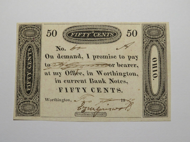 $.50 1819 Worthington Ohio OH Obsolete Currency Bank Note Bill Bank of Cincy UNC