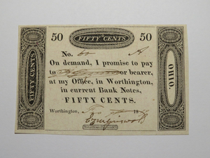$.50 1819 Worthington Ohio OH Obsolete Currency Bank Note Bill Bank of Cincy UNC