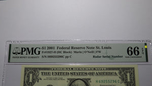 $1 2001 Radar Serial Number Federal Reserve Currency Bank Note Bill PMG UNC66EPQ