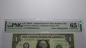 $1 1988 Radar Serial Number Federal Reserve Currency Bank Note Bill PMG UNC65EPQ