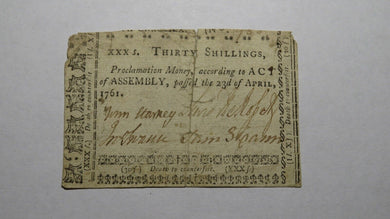 1761 Thirty Shillings North Carolina NC Colonial Currency Note Bill 30s RARE