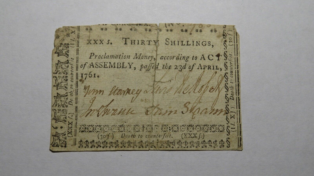 1761 Thirty Shillings North Carolina NC Colonial Currency Note Bill 30s RARE