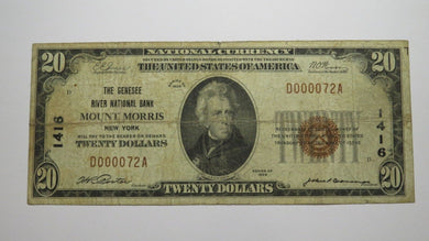 $20 1929 Mount Morris New York NY National Currency Bank Note Bill Ch #1416 RARE