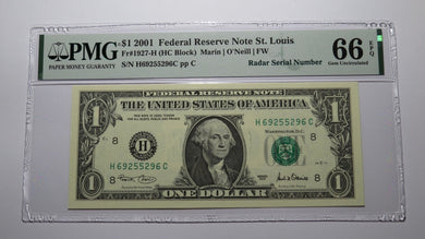 $1 2001 Radar Serial Number Federal Reserve Currency Bank Note Bill PMG UNC66EPQ