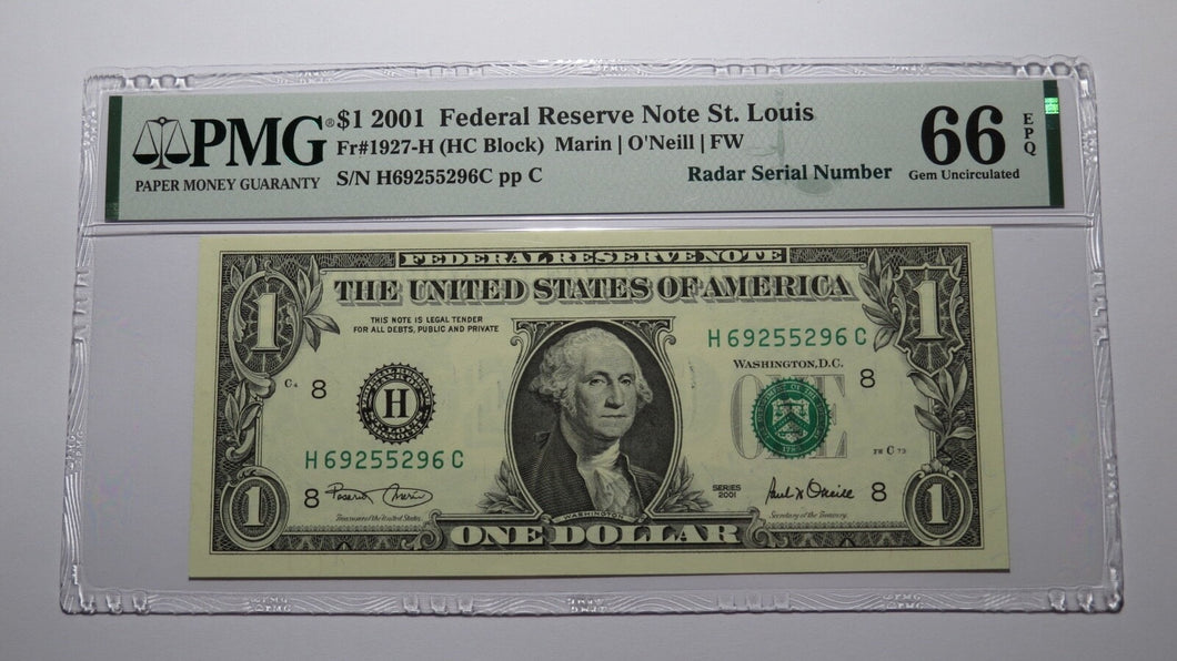 $1 2001 Radar Serial Number Federal Reserve Currency Bank Note Bill PMG UNC66EPQ