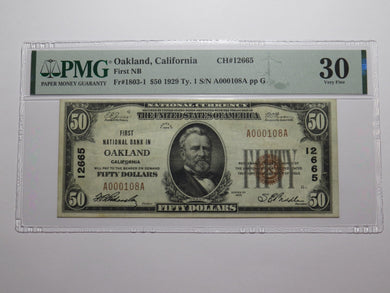 $50 1929 Oakland California National Currency Bank Note Bill Ch. #12665 VF30 PMG