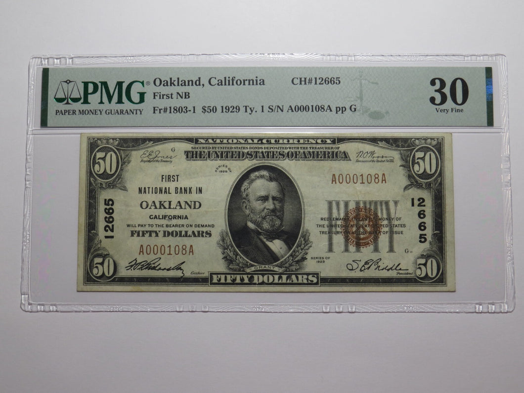 $50 1929 Oakland California National Currency Bank Note Bill Ch. #12665 VF30 PMG
