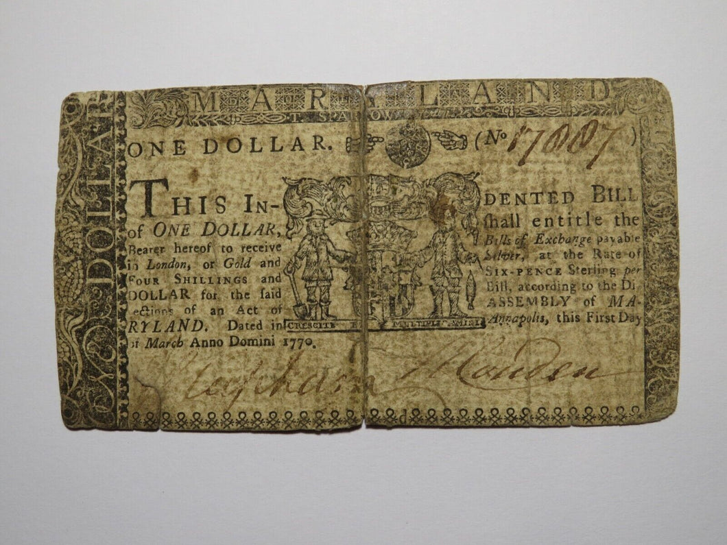 1770 $1 Annapolis Maryland MD Colonial Currency Bank Note Bill RARE ISSUE!
