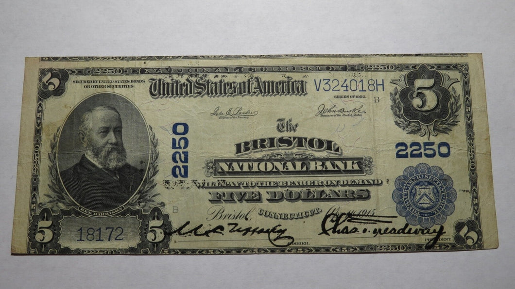 $5 1902 Bristol Connecticut CT National Currency Bank Note Bill! Ch. #2250 VF++