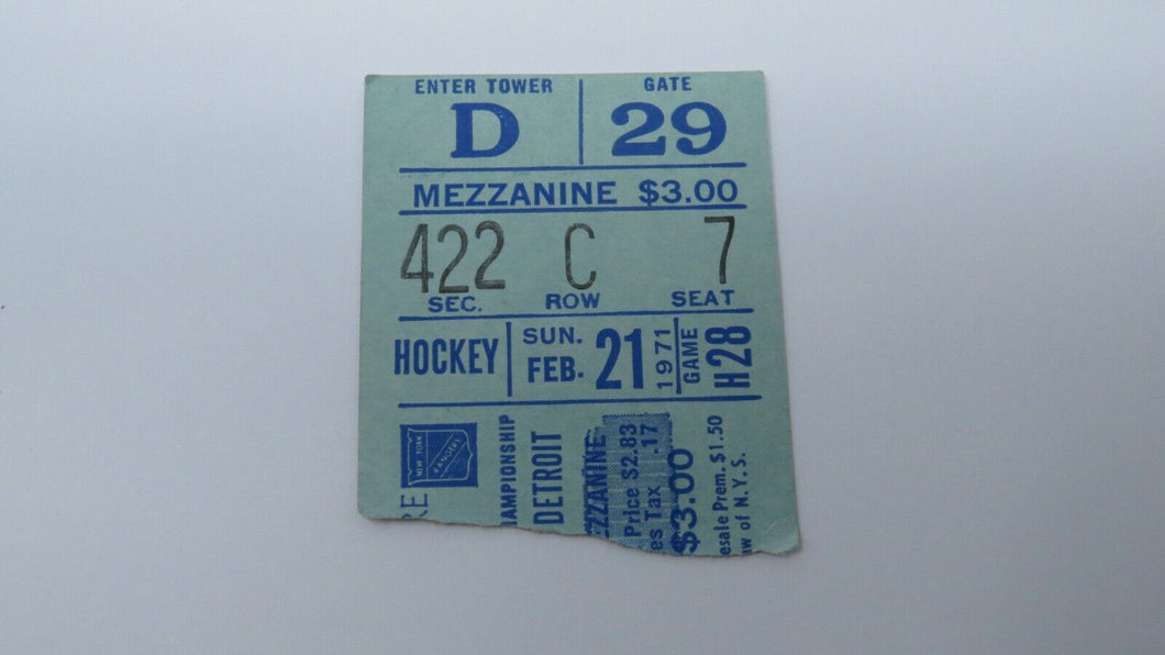February 21, 1971 New York Rangers Vs. Detroit Red Wings NHL Hockey Ticket Stub