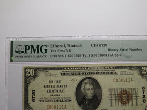 $20 1929 Liberal Kansas KS National Currency Bank Note Bill #6720 Binary Serial