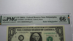 $1 2003 Radar Serial Number Federal Reserve Currency Bank Note Bill PMG UNC66EPQ