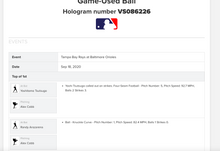 Load image into Gallery viewer, 2020 Alex Cobb Baltimore Orioles Strikeout Game Used MLB Baseball! Tsutsugo