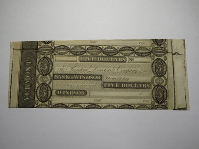 $5 18__ Windsor Vermont Obsolete Currency Bank Note Bill Remainder Miscut! UNC+