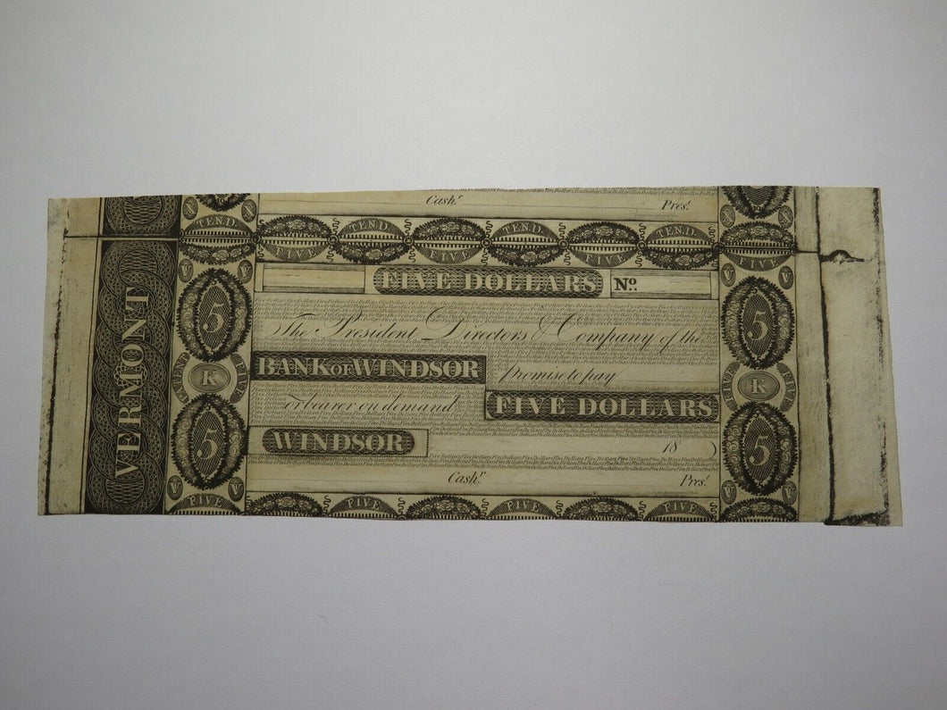 $5 18__ Windsor Vermont Obsolete Currency Bank Note Bill Remainder Miscut! UNC+