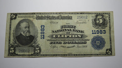 $5 1902 Clifton New Jersey NJ National Currency Bank Note Bill! Ch. #11983 VF++