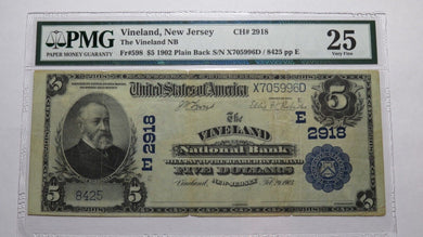$5 1902 Vineland New Jersey NJ National Currency Bank Note Bill Ch. #2918 VF25!