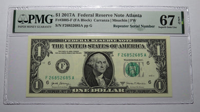 $1 2017 Repeater Serial Number Federal Reserve Currency Bank Note Bill PMG UNC67