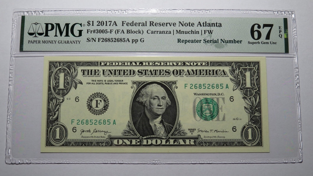 $1 2017 Repeater Serial Number Federal Reserve Currency Bank Note Bill PMG UNC67