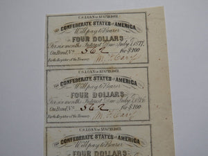 $4 1861 Confederate Bond Coupon Certificate Uncut Sheet Currency Bank Note Bill