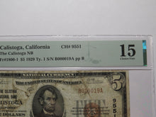 Load image into Gallery viewer, $5 1929 Calistoga California National Currency Bank Note Bill Ch. #9551 F15 PMG